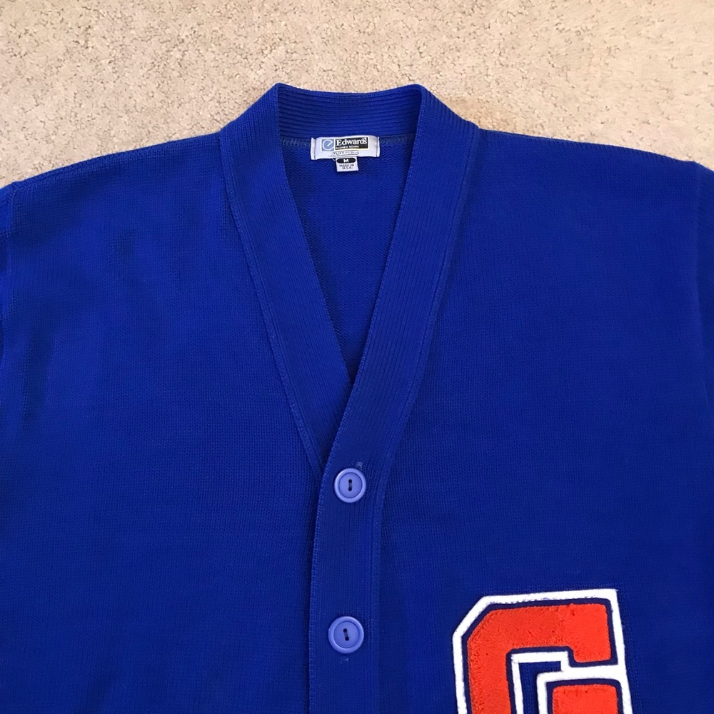 Vintage 80s Letterman Sweater Cardigan Mens Medium Royal Blue Letter G Pockets - Picture 2 of 11